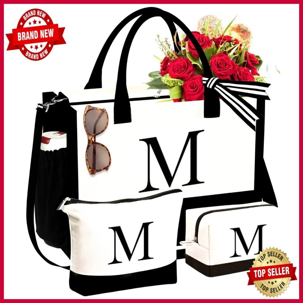 Personalized Canvas Tote Bag Set with Makeup Bags, Zipper Closure